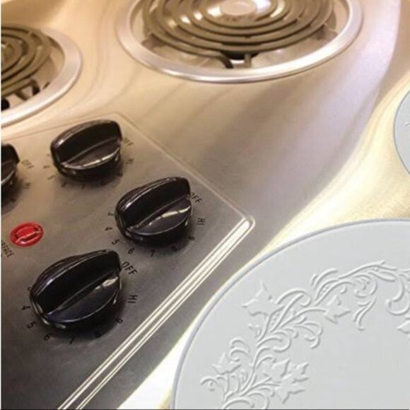 Burner Stove Covers Ivy Embossed Silver Round 4 Piece Set - Picture 4 of 7